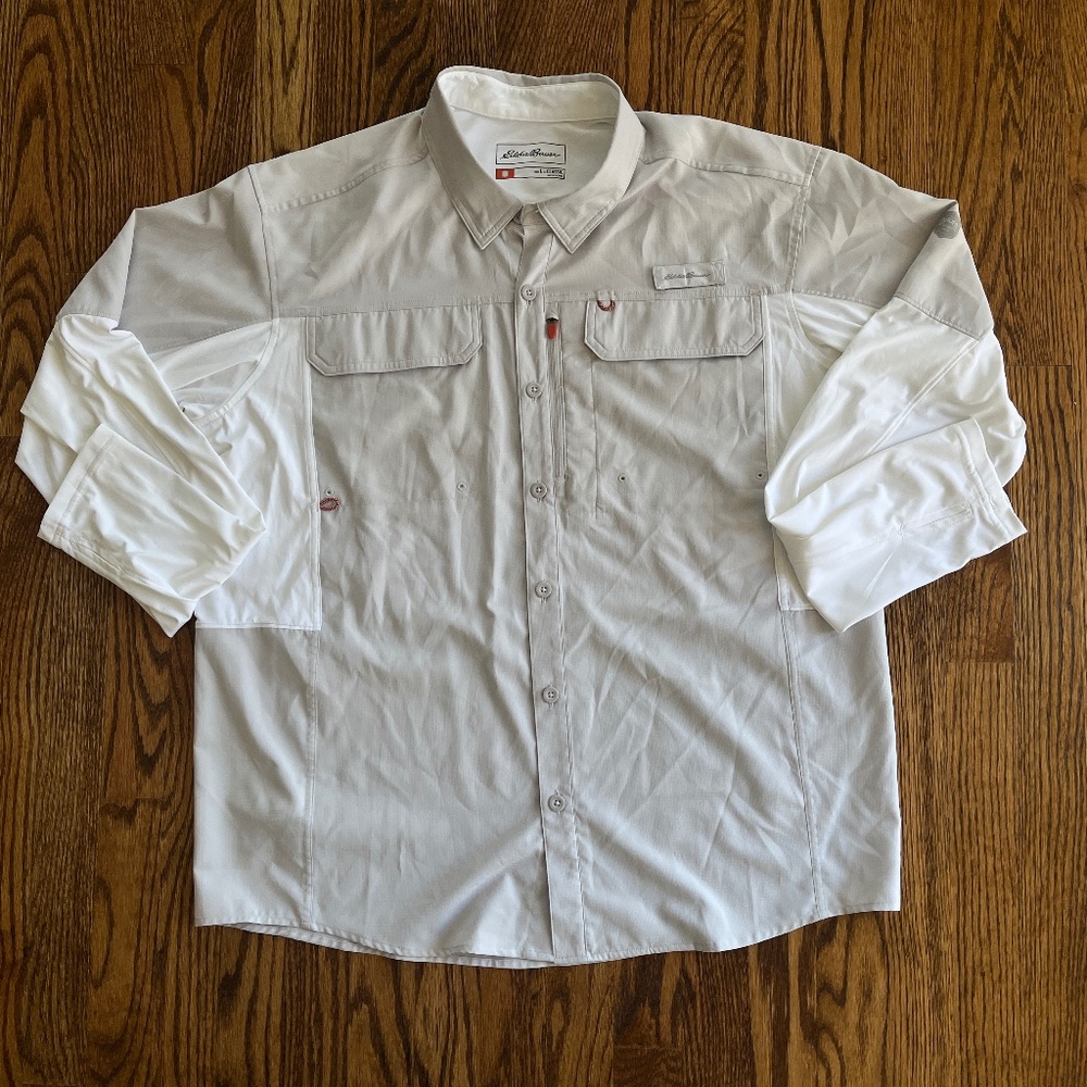 Eddie Bauer Shirt Mens Large Button Down Fishing Vented Breathable White Gray